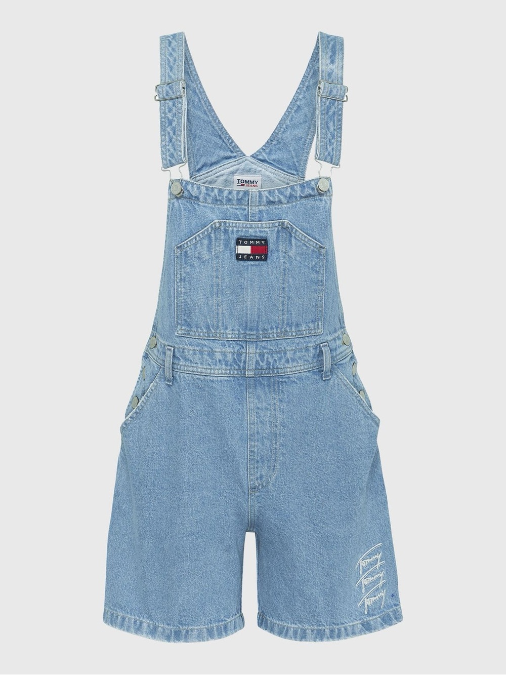 Tommy Jeans Denim Short Overalls Size 16 Light Wash Y2K 90s Logo
